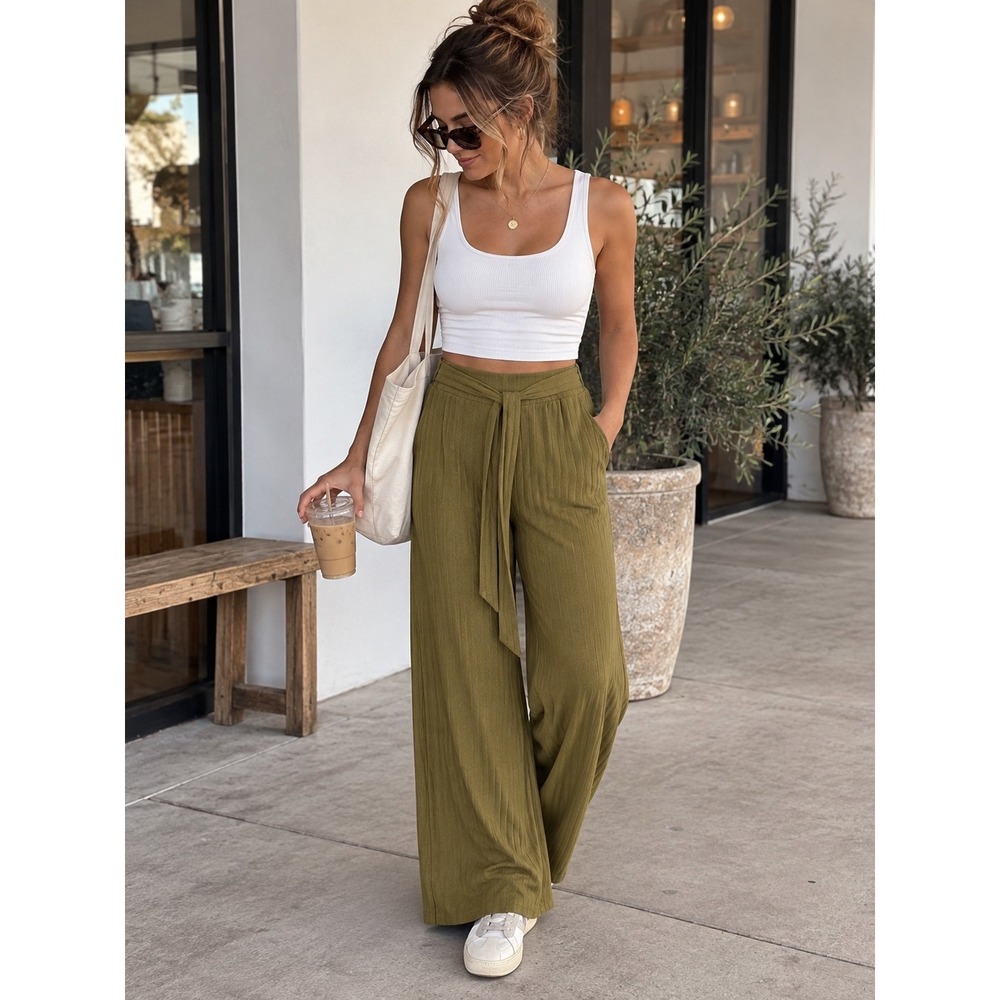 Active USA Olive Green Ribbed Wide Leg Pants L High Rise Tie Waist Lounge